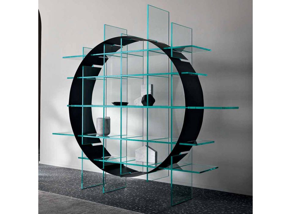 Freestanding Circle Bookcase in Extraclear Glass and Brushed Black - Marco Viadurini