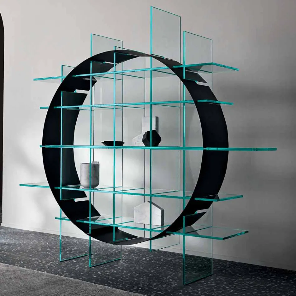 Freestanding Circle Bookcase in Extraclear Glass and Brushed Black - Marco Viadurini