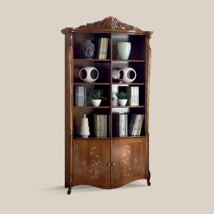 Inlaid Bassano Walnut Wood Bookcase with Made in Italy Doors - Commodo Viadurini