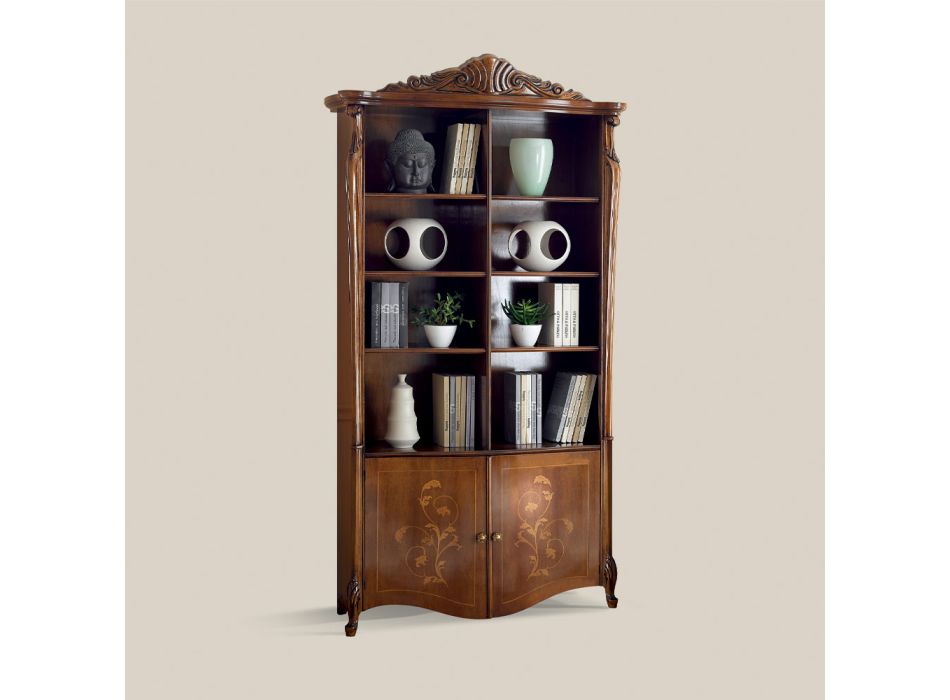 Inlaid Bassano Walnut Wood Bookcase with Made in Italy Doors - Commodo Viadurini