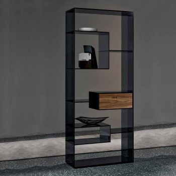 Bookcase in Smoked Glass with Canaletto Walnut Wood Drawer Italian Design - Linzy