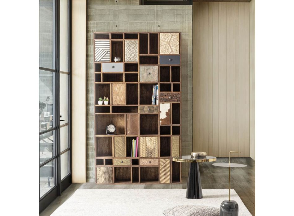 Mango Wood Bookcase and Recycled Drawers with Homemotion Decorations - Auriel Viadurini