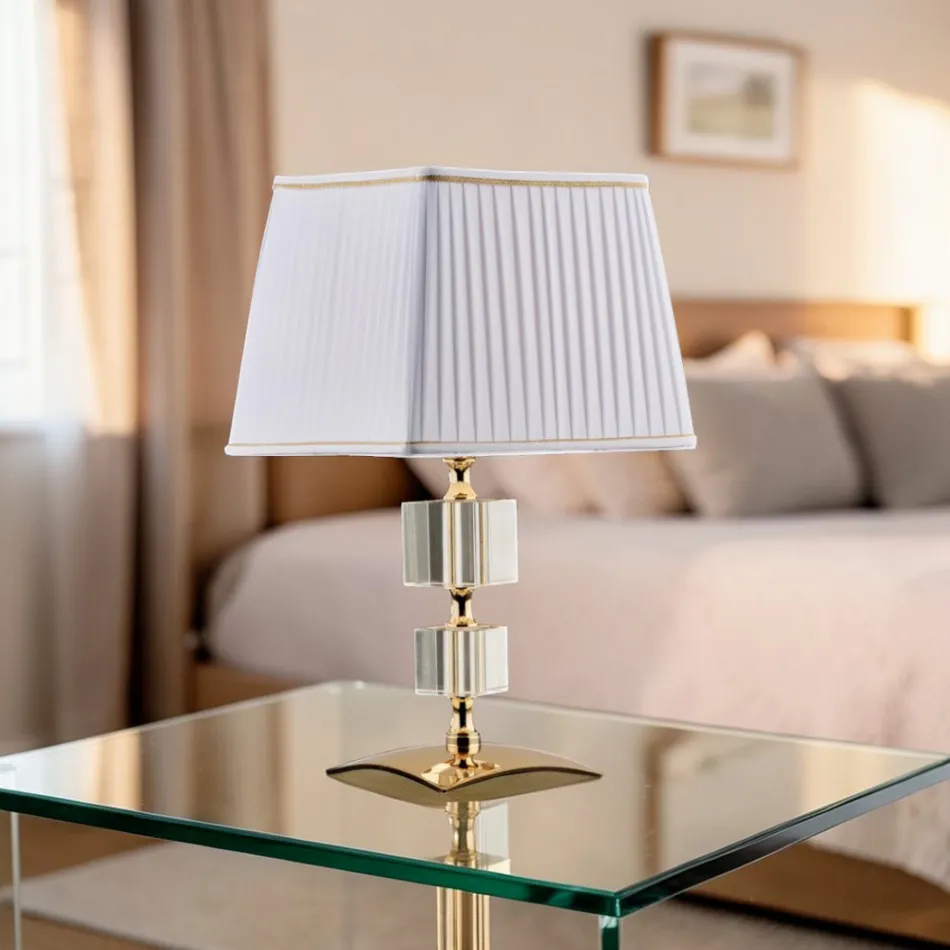 Gilded Iron and Crystal Table Lamp with Made in Italy Lampshade - Innsbruck Viadurini