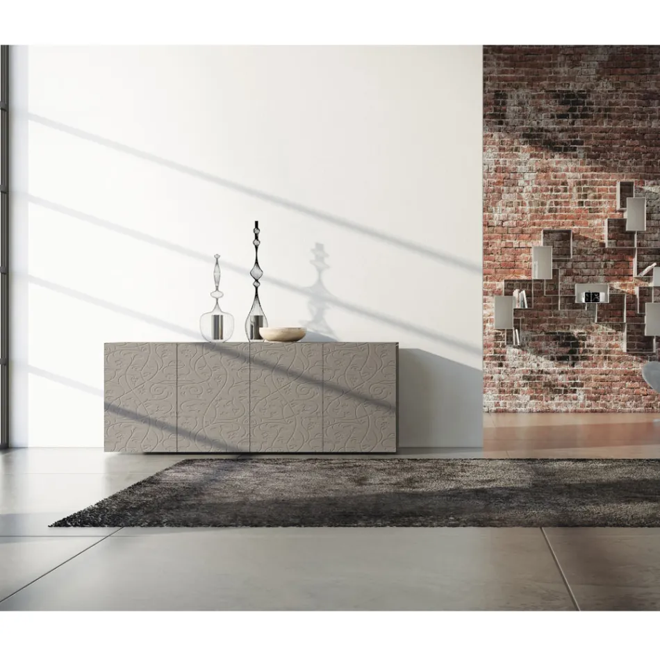 Sideboard 4 Doors in Mud Lacquered Mdf with Bas-relief Made in Italy - Lolla Viadurini