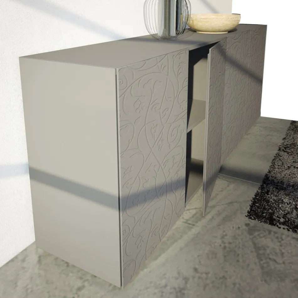 Sideboard 4 Doors in Mud Lacquered Mdf with Bas-relief Made in Italy - Lolla Viadurini