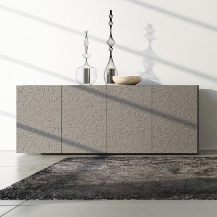 Sideboard 4 Doors in Mud Lacquered Mdf with Bas-relief Made in Italy - Lolla Viadurini