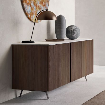 Sideboard with 2 Doors for Living Room, in Ecological Wood and Metal Top in Marble - Brown Viadurini
