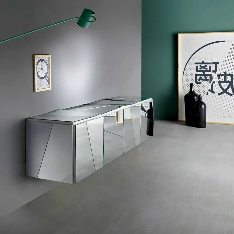 Wall Hanging Sideboard in Matt White Wood and Mirrored Glasses - Senese Viadurini