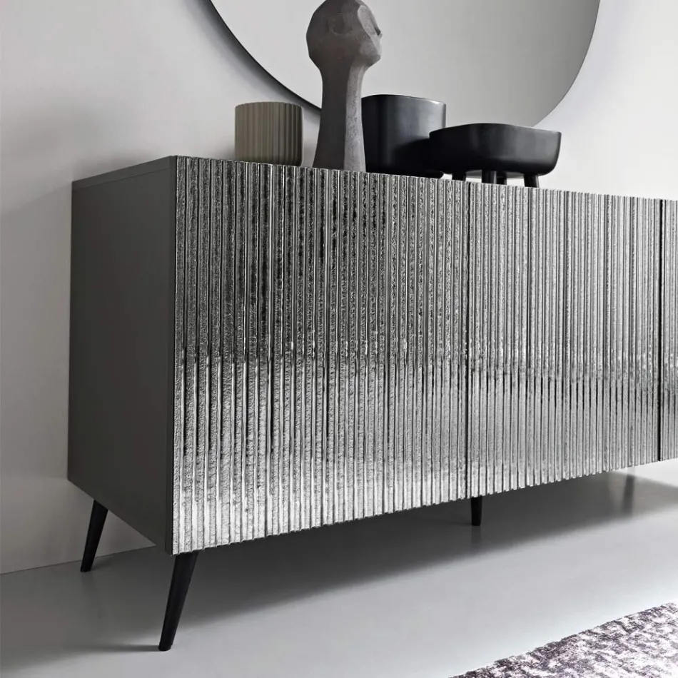Three-Door Sideboard in Striped Glass and Melamine-Finished Wood Made in Italy - Ninfa Viadurini
