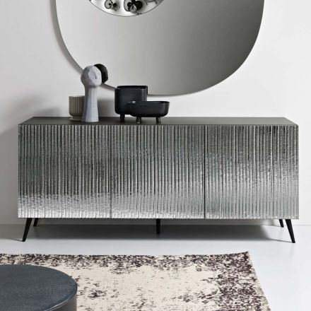 Three-Door Sideboard in Striped Glass and Melamine-Finished Wood Made in Italy - Ninfa Viadurini