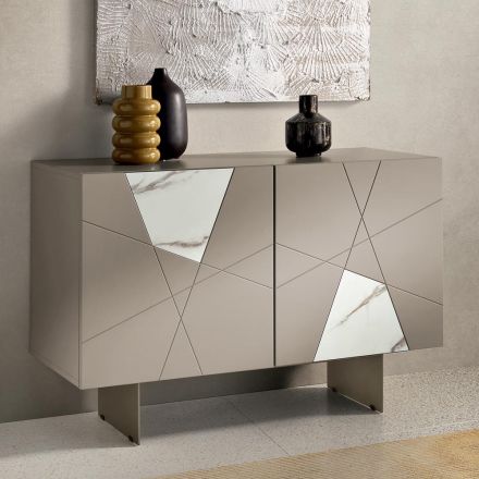 Sideboard with 2 Doors in Lacquered MDF with Pantograph and Marble Effect Glass Inserts - Danila Viadurini