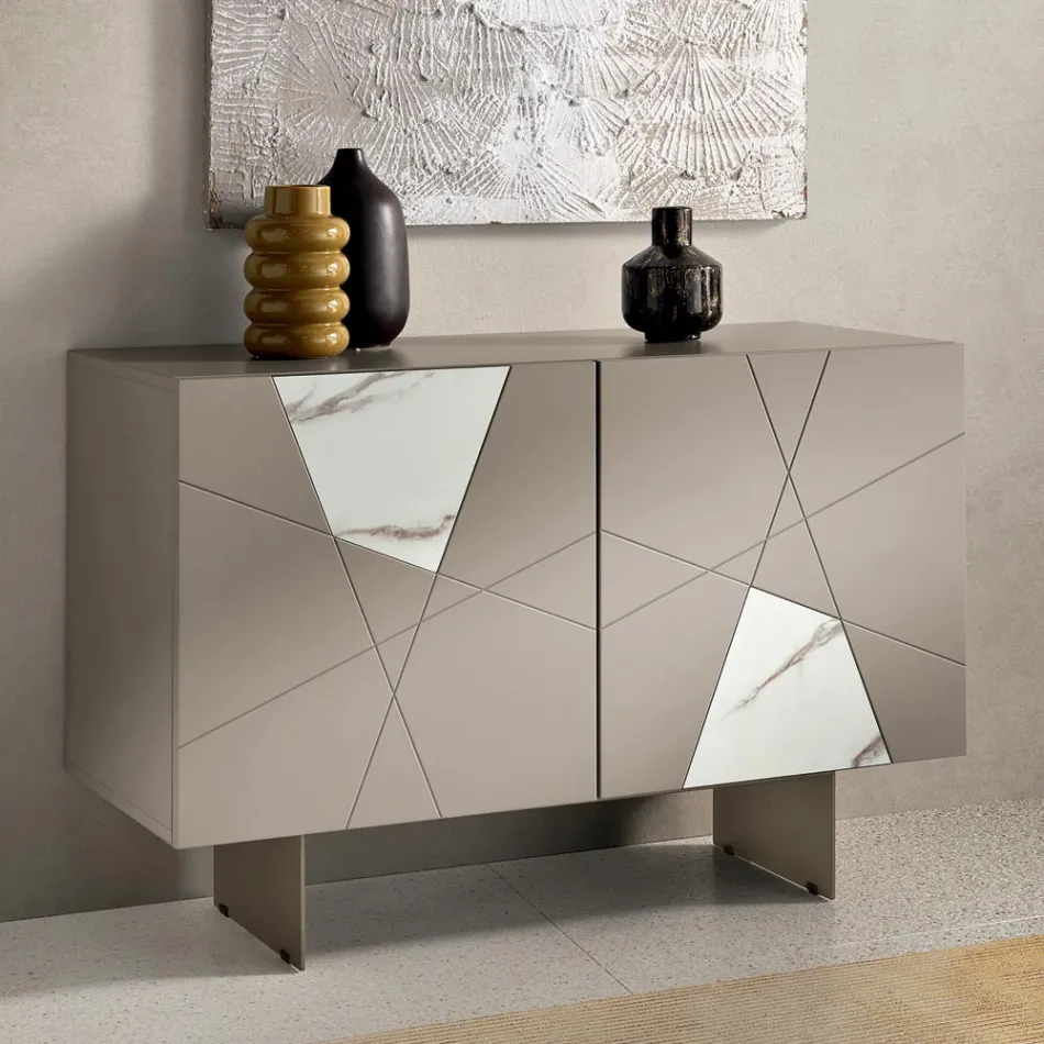 Sideboard with 2 Doors in Lacquered MDF with Pantograph and Marble Effect Glass Inserts - Danila Viadurini