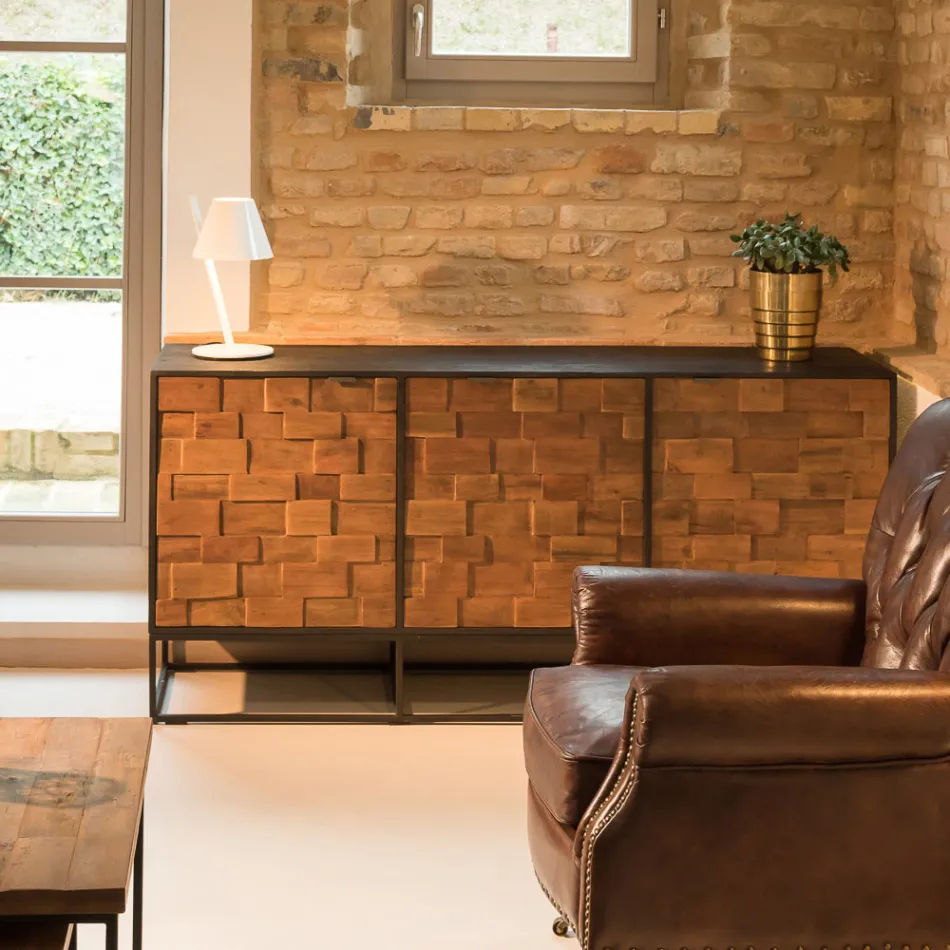 Sideboard with 3 Doors in Patchwork Recycled Wood and Metal Structure - Slide Viadurini