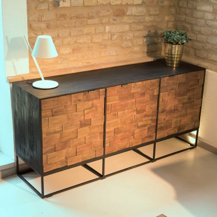 Sideboard with 3 Doors in Patchwork Recycled Wood and Metal Structure - Slide Viadurini
