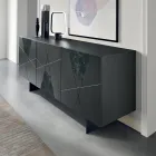 Sideboard with 3 Doors in Lacquered MDF with Pantograph and Marble Effect Glass Inserts - Danila Viadurini