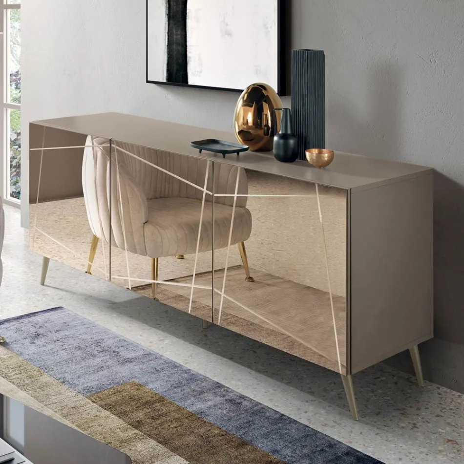 Sideboard with 3 Mirrored Glass Doors and Metal Base - Eleonora Viadurini