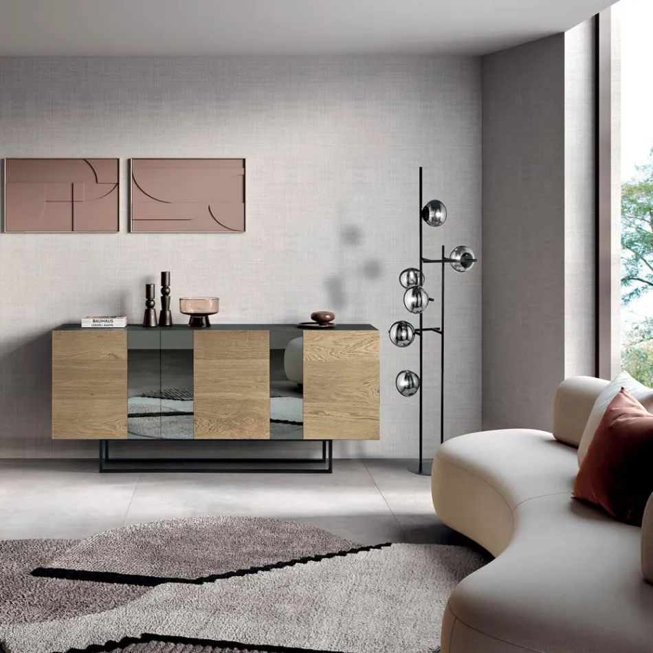 Sideboard with 3 Oak Veneer Doors and Mirror Inserts - Enrica Viadurini