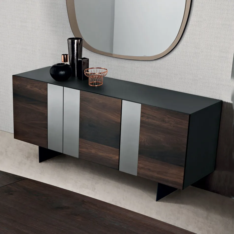 Sideboard with 3 Oak Veneer Doors and Mirror Inserts - Enrica Viadurini