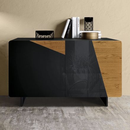 Living room sideboard with 2 doors in Country Knotted Oak and Anthracite Glass finish - Ove Viadurini