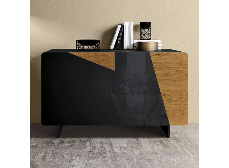 Living room sideboard with 2 doors in Country Knotted Oak and Anthracite Glass finish - Ove Viadurini