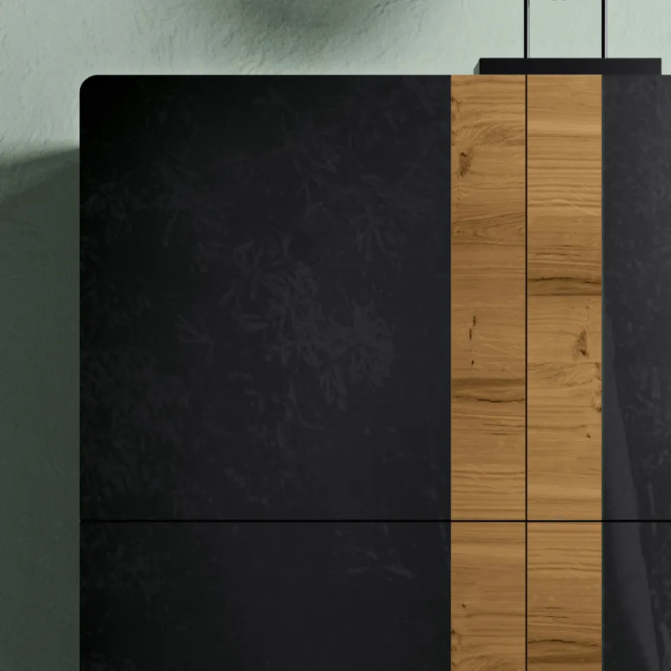 Living Room Sideboard with 4 Doors in Country Knotted Oak Finish and Anthracite Glass - Ove Viadurini