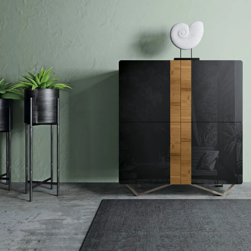 Living Room Sideboard with 4 Doors in Country Knotted Oak Finish and Anthracite Glass - Ove Viadurini