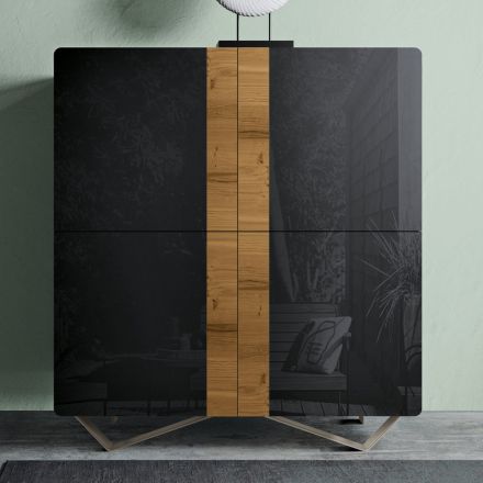 Living Room Sideboard with 4 Doors in Country Knotted Oak Finish and Anthracite Glass - Ove Viadurini