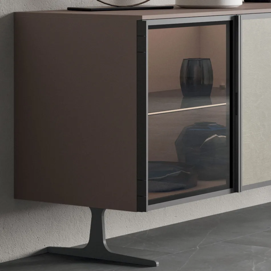 Living Room Sideboard in Ecological Wood and Glass 4 Doors Made in Italy - Aaron Viadurini