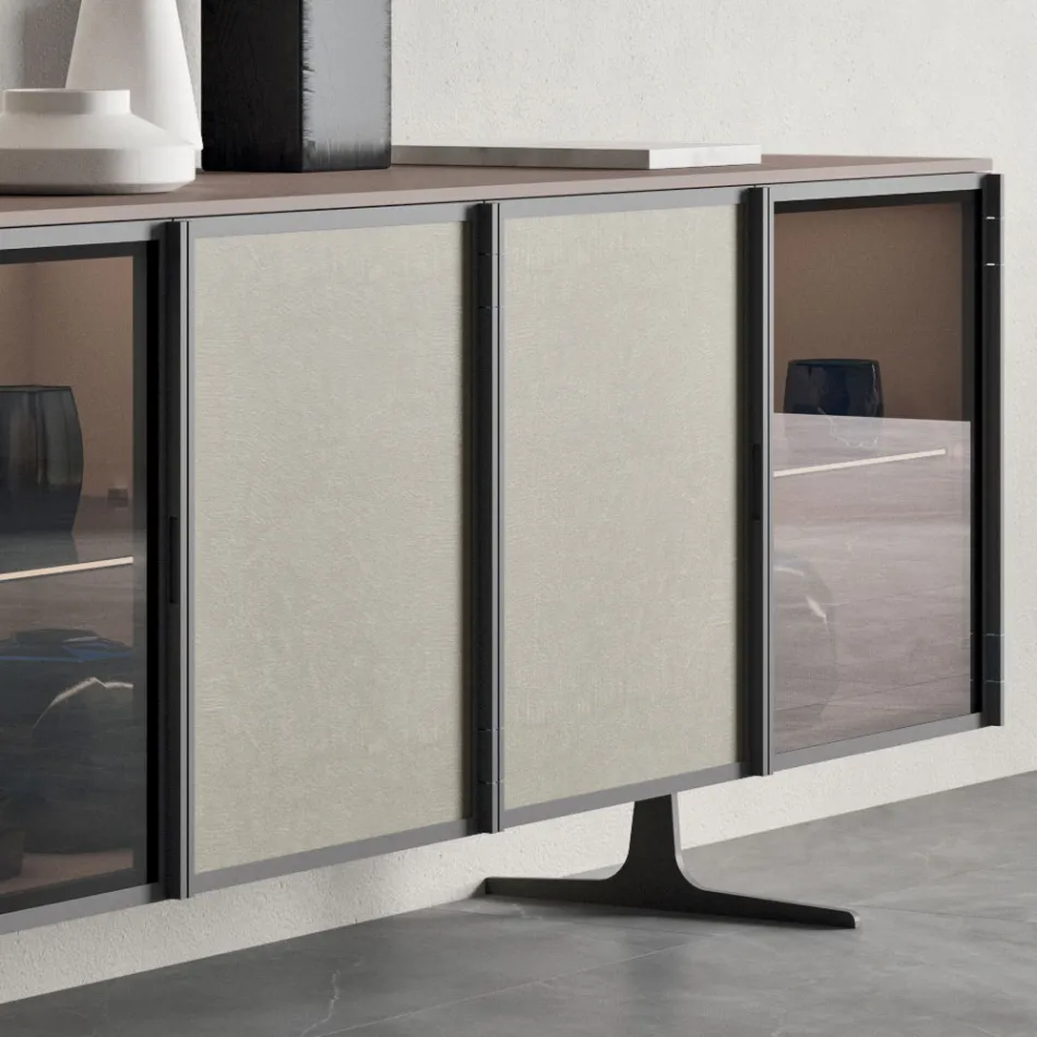 Living Room Sideboard in Ecological Wood and Glass 4 Doors Made in Italy - Aaron Viadurini