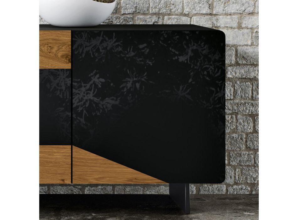 Living Room Sideboard with 3 Doors in Country Knotted Oak Finish and Anthracite Glass - Ove Viadurini