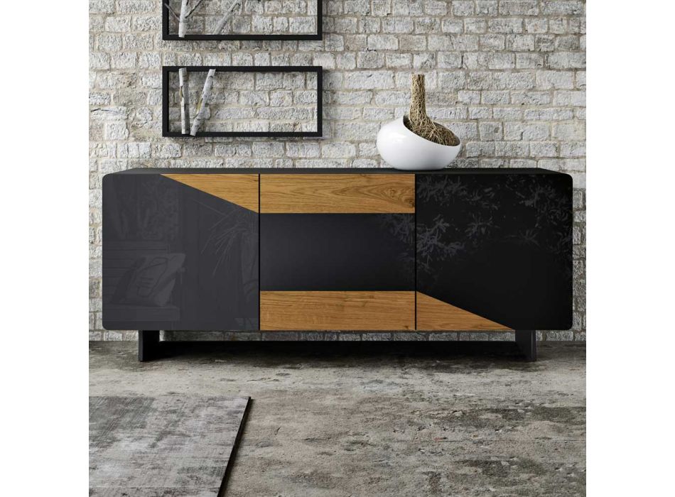Living Room Sideboard with 3 Doors in Country Knotted Oak Finish and Anthracite Glass - Ove Viadurini