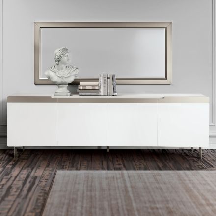 Living Room Sideboard with 4 MDF Doors White and Nickel Finish Made in Italy - Emie Viadurini