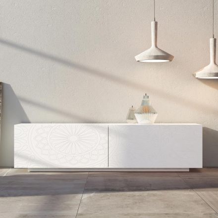 Living Room Sideboard in White Mdf with Bas-relief Made in Italy - Stilea Viadurini