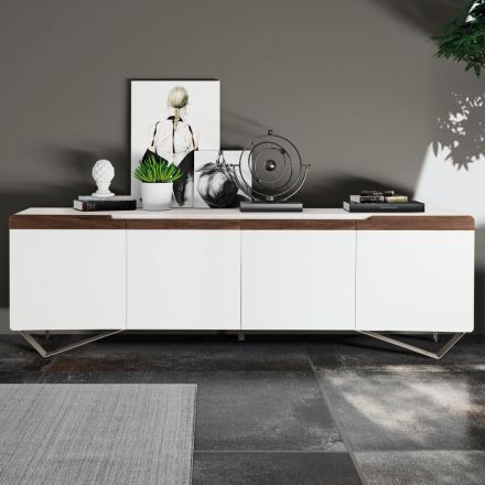 Living Area Sideboard with 4 Doors in White and Canaletto Finish Made in Italy - Any Viadurini