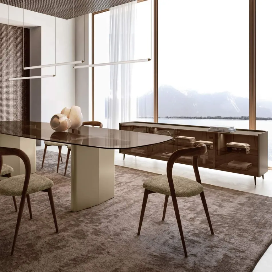 Curved Lacquered Wood Sideboard with Bronze Glass Doors Made in Italy - Lyra Viadurini