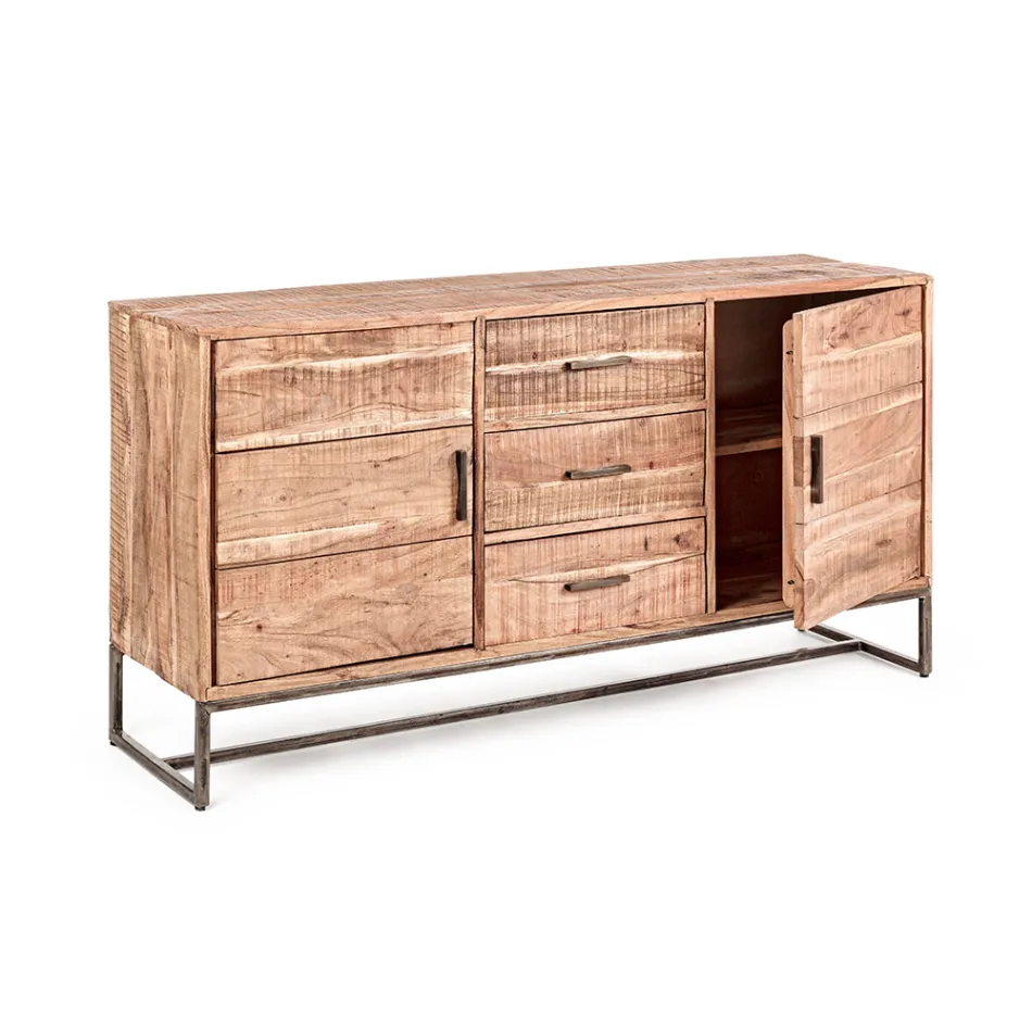Sideboard in Acacia Wood and Steel 2 Doors and 3 Drawers Homemotion - Aimune Viadurini
