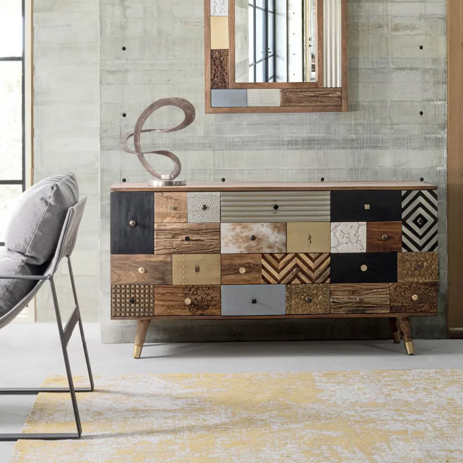 Sideboard in Mango Wood 2 Doors 4 Drawers Ethnic Style Homemotion - Auriel Viadurini