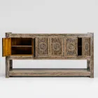 Pine Wood Sideboard with Antique Wash Finish and 6 Doors - Airasca Viadurini