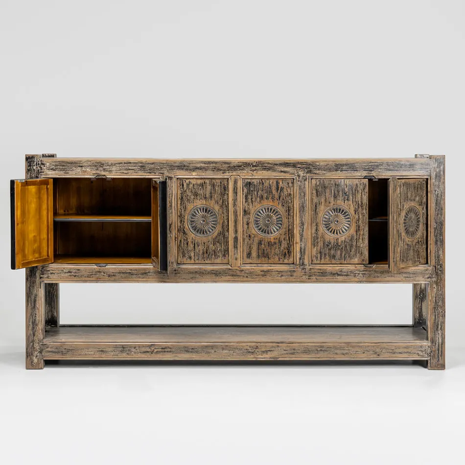 Pine Wood Sideboard with Antique Wash Finish and 6 Doors - Airasca Viadurini