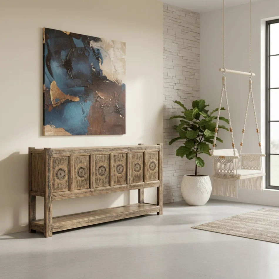 Pine Wood Sideboard with Antique Wash Finish and 6 Doors - Airasca Viadurini