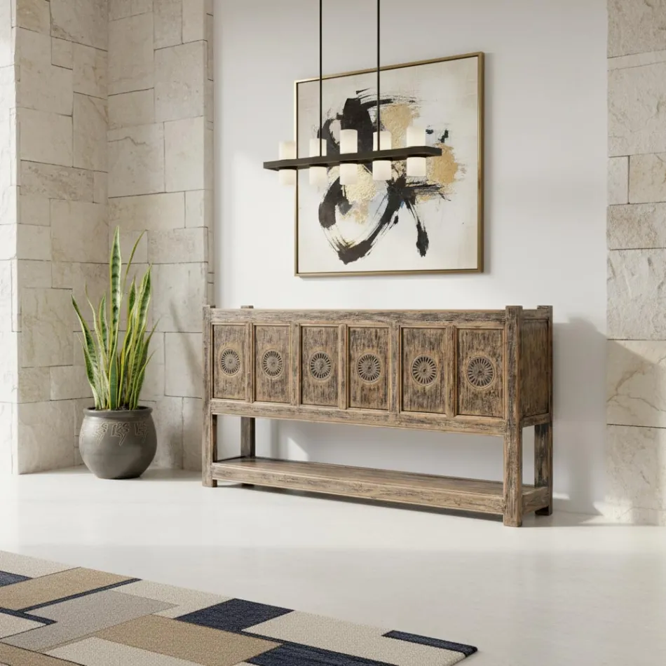 Pine Wood Sideboard with Antique Wash Finish and 6 Doors - Airasca Viadurini