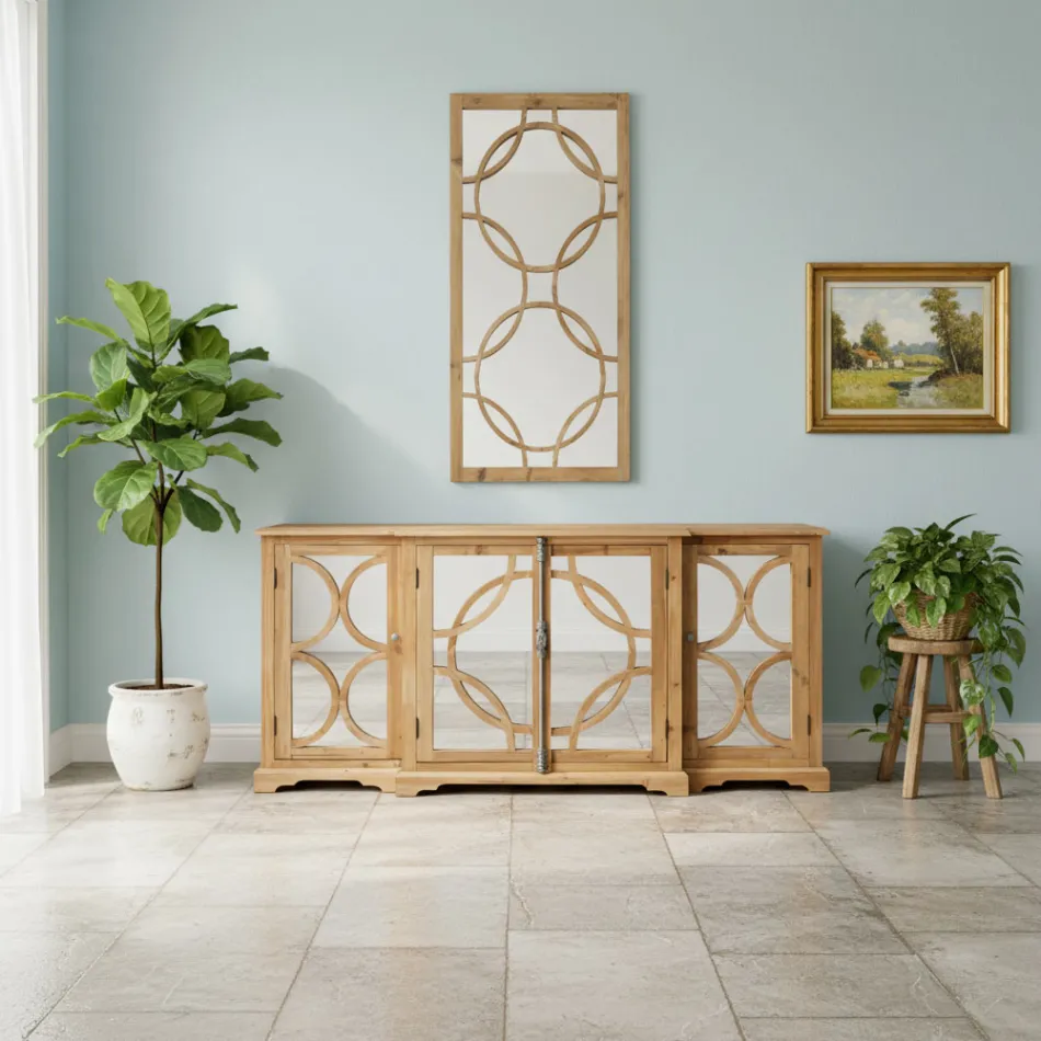 Aged Natural Pine Sideboard with Mirrored Doors - Agnone Viadurini