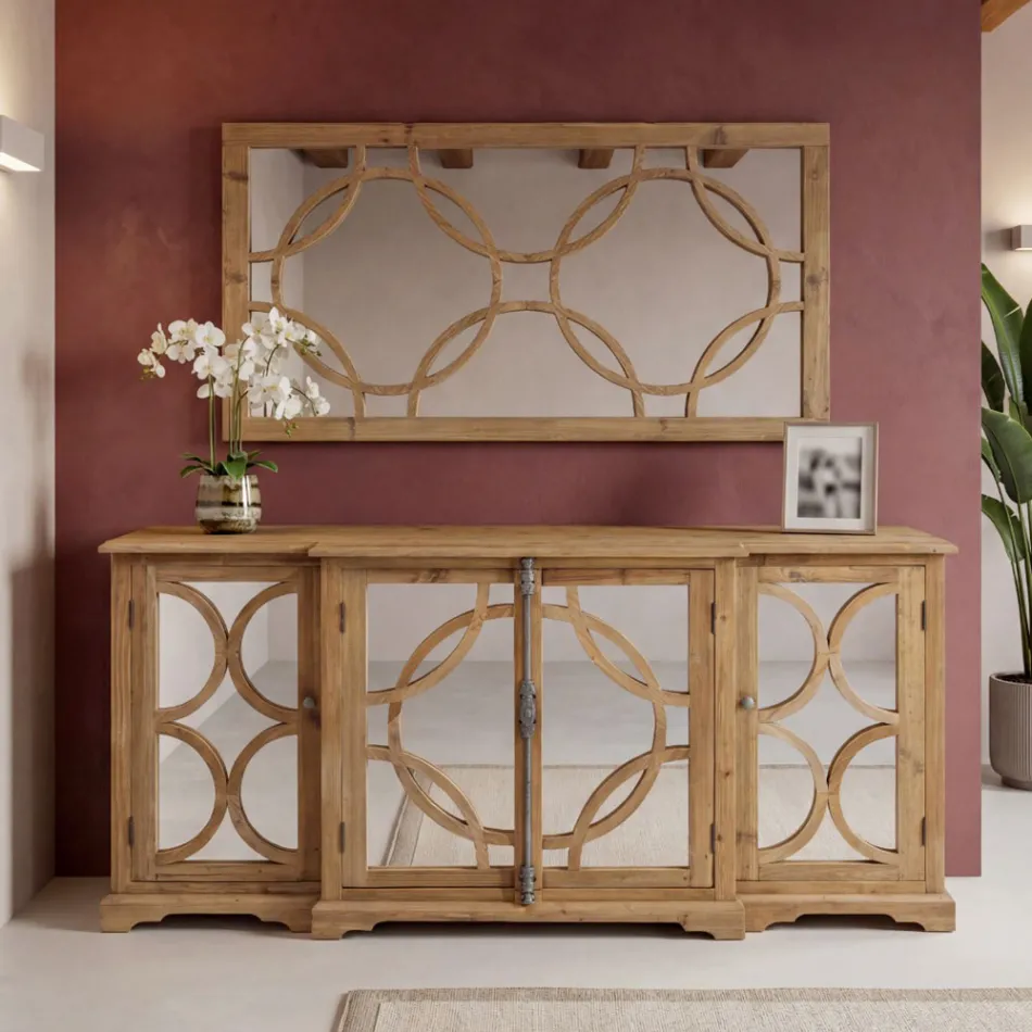 Aged Natural Pine Sideboard with Mirrored Doors - Agnone Viadurini