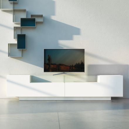 Sideboard in White Mdf with Glass Case and Plinth Base Made in Italy - Kisha Viadurini