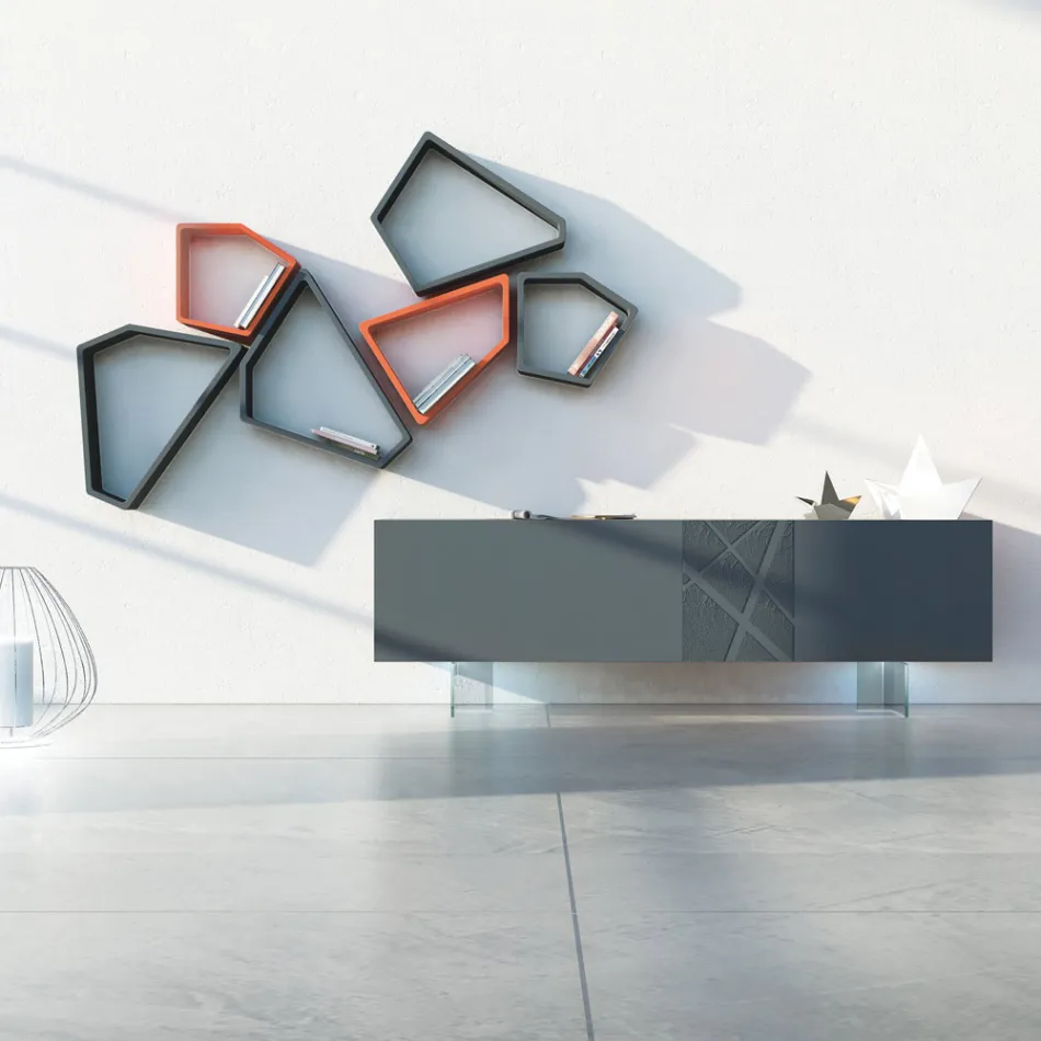 Sideboard in Graphite Gray Mdf with Glass Feet Made in Italy - Zelia Viadurini
