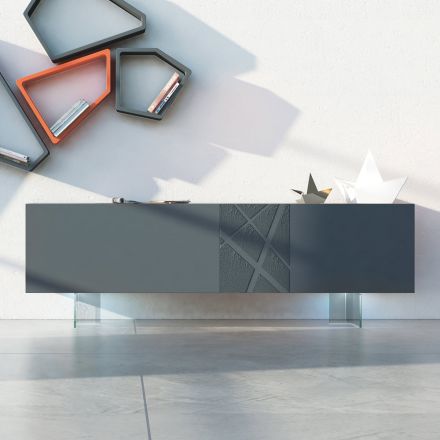 Sideboard in Graphite Gray Mdf with Glass Feet Made in Italy - Zelia Viadurini