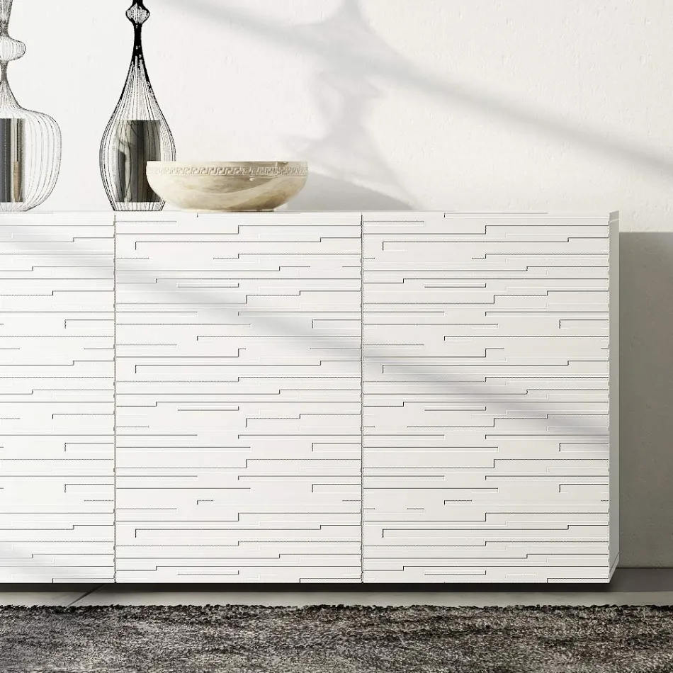 Sideboard in Matt White Lacquered Mdf with Decorated Doors Made in Italy - Chicago Viadurini