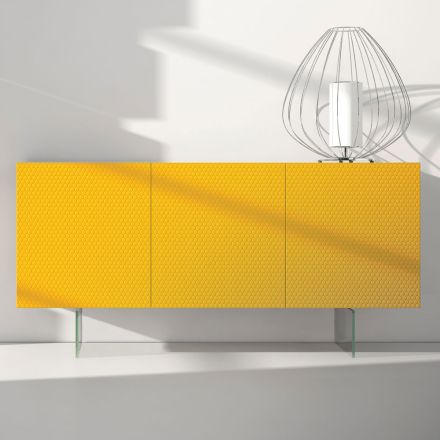 Yellow Lacquered Mdf Sideboard with 3 Doors and Glass Feet Made in Italy - Ciara Viadurini