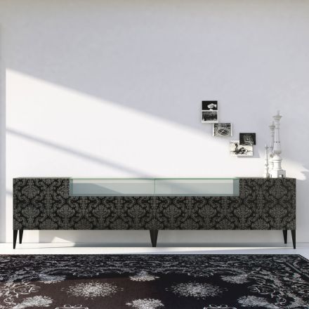 Sideboard in Black Mdf with Glass Case and Decorated Doors Made in Italy - Marissa Viadurini