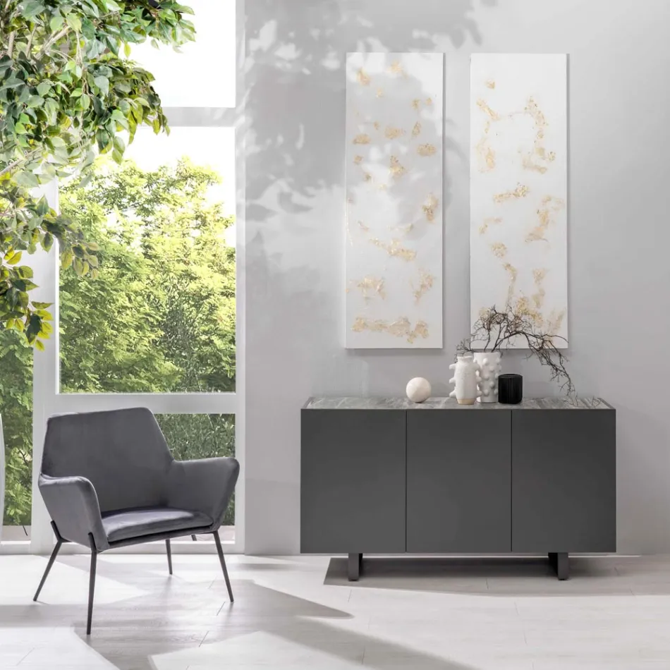 Sideboard in MDF, Top in Gray Marble Effect Ceramic with 3 Push-pull - Click Doors Viadurini